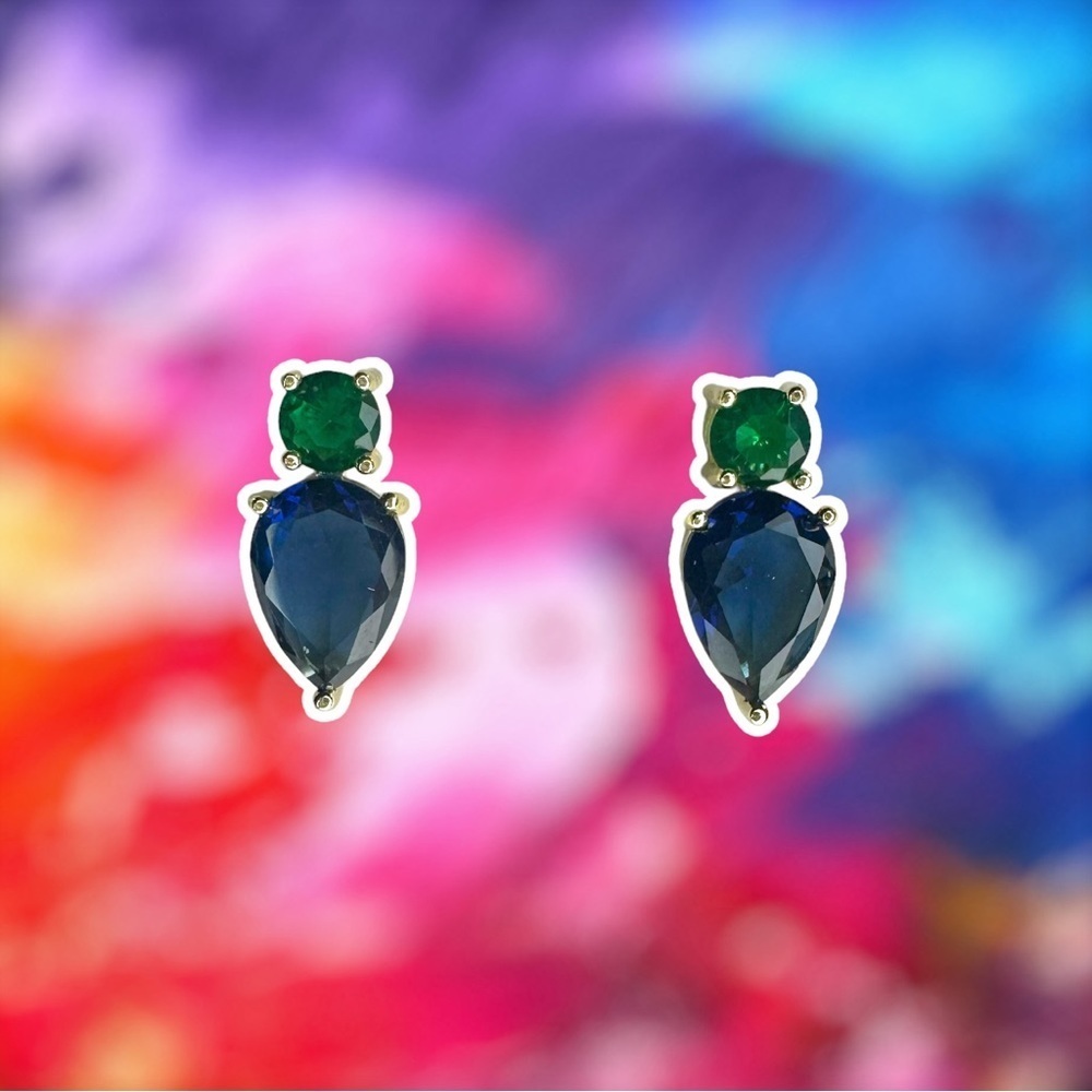 NEW Green & Blue Crystal CZ Goldtone Teardrop Stud Earrings - Picture 4 of 15